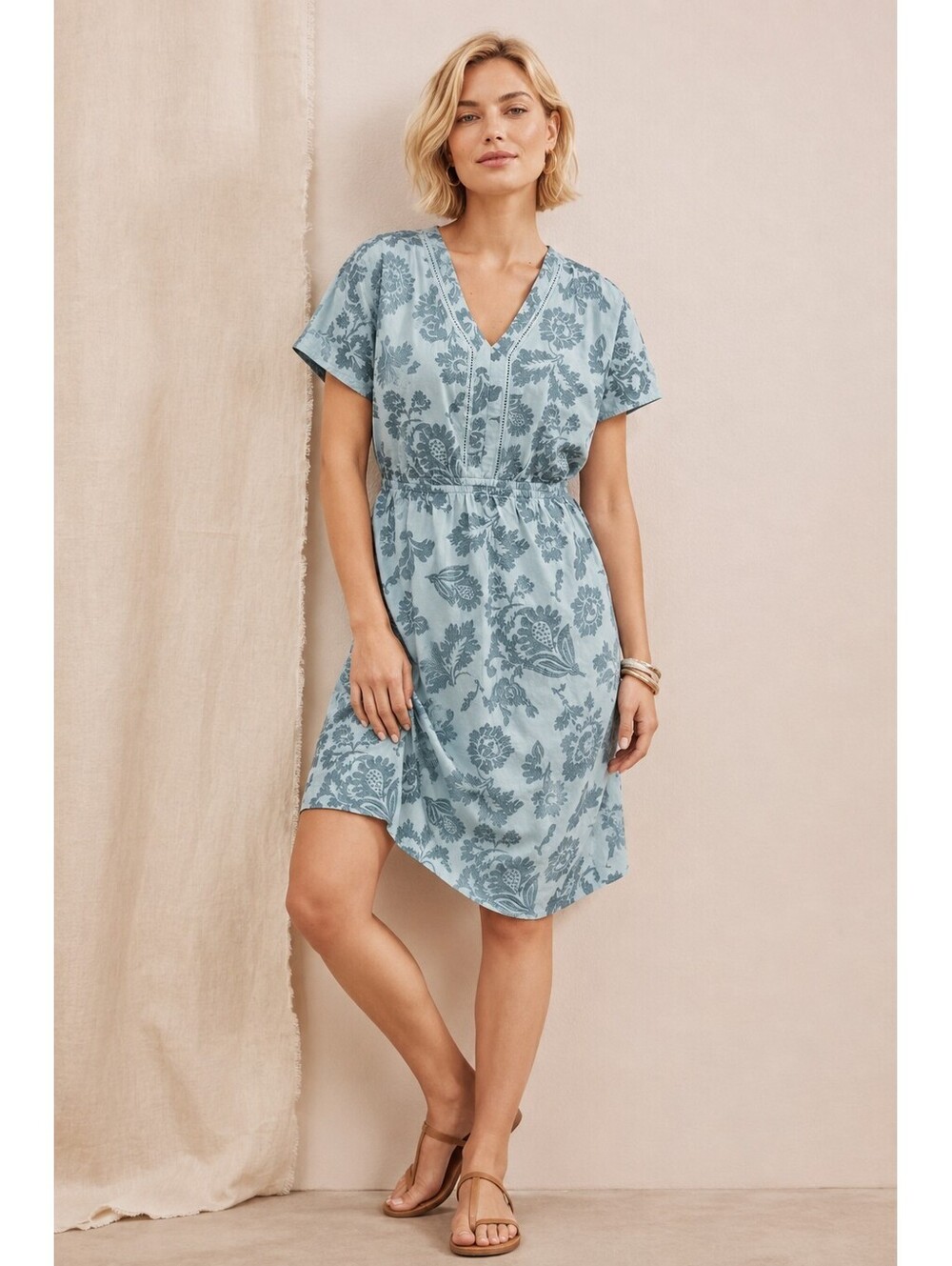 NWT J Jill Embroidered Dolman Sleeve Floral Dress Sz  Light Blue Crochet Trim